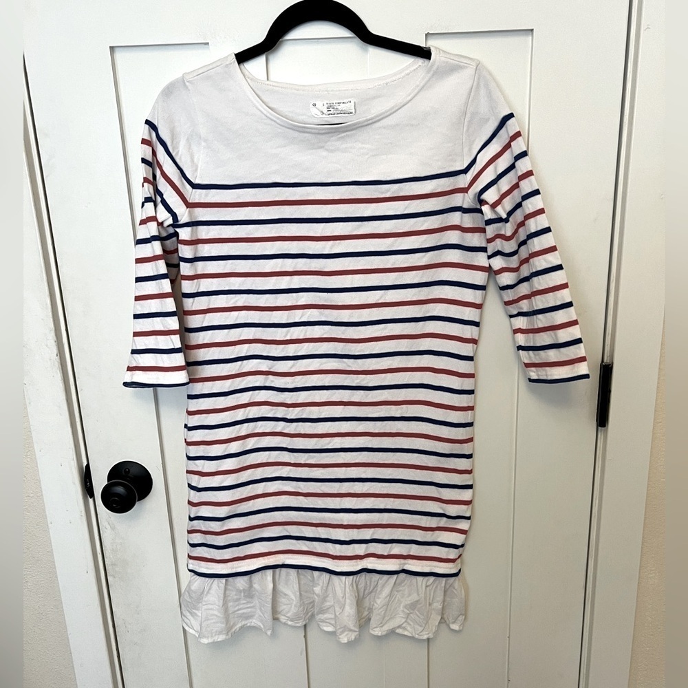 White Chocolate Red White & Blue Cotton Shirt Dress Ruffle Hem Size Small